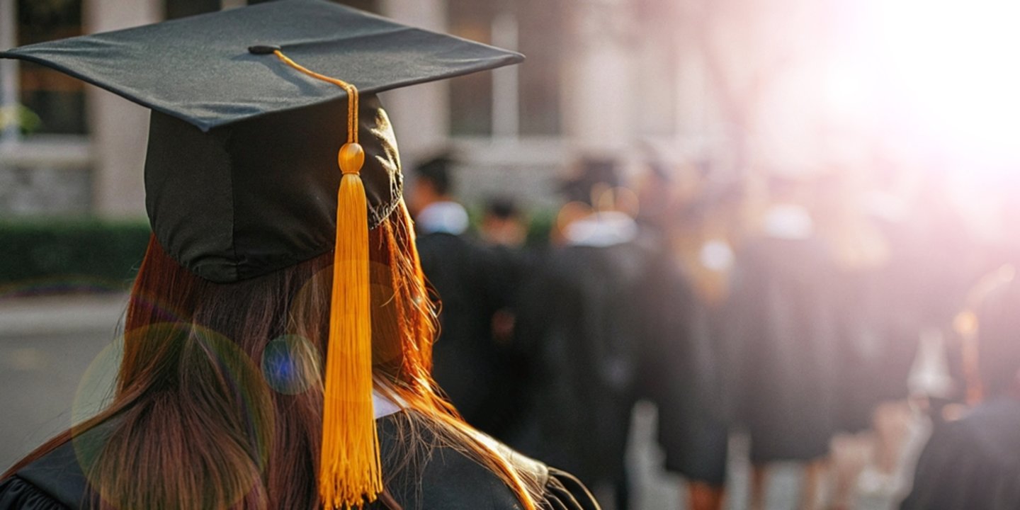 back of a student's head in a graduation procession