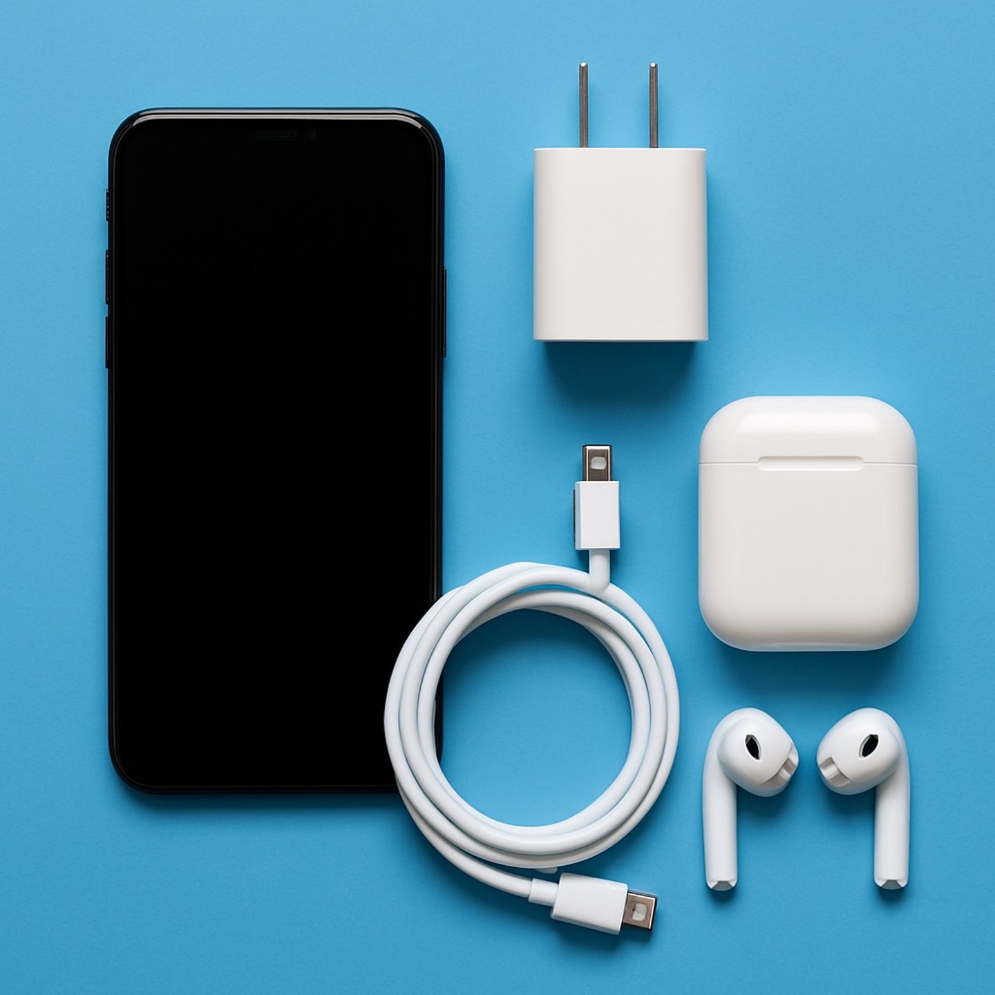 mobile phone with cable, ear buds, charger and plug