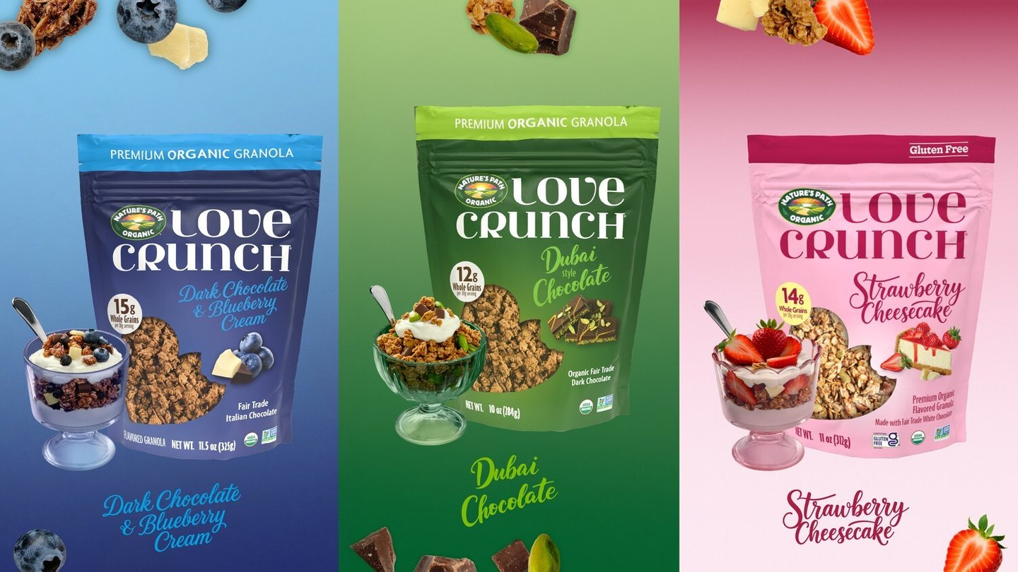 trio of the "Love Crunch" dessert flavoured granola line