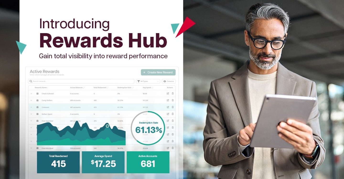 Paytronix rewards hub graphics with a man tapping on a tablet
