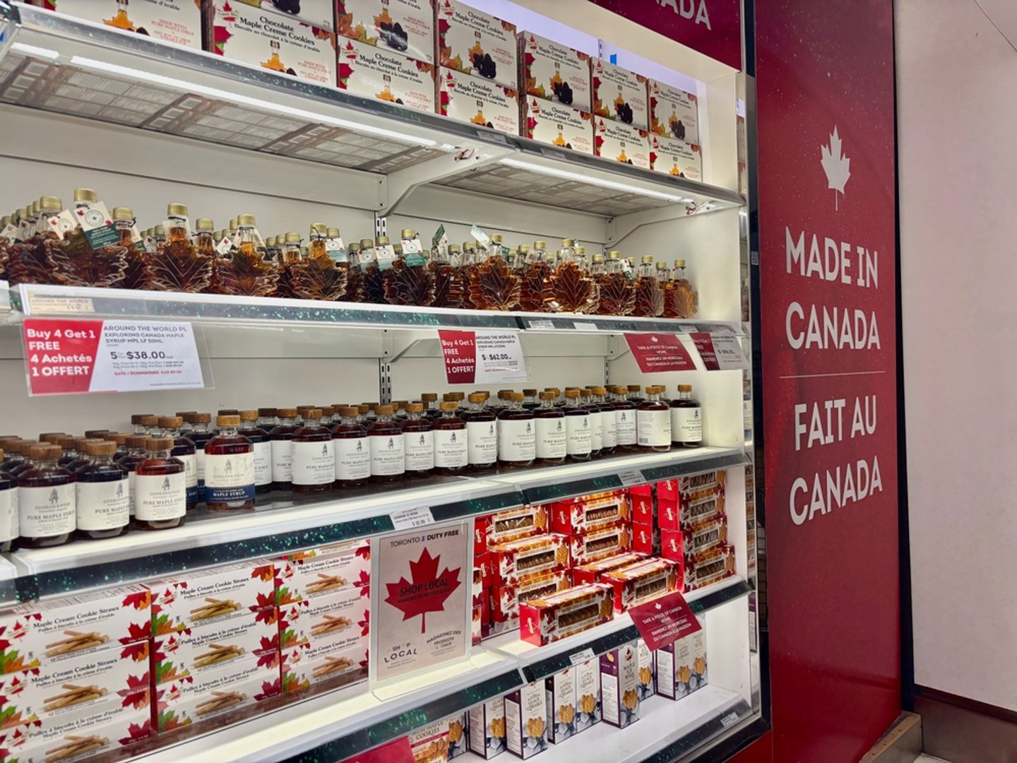 shelves of Canadian goods next to Made In Canada sign