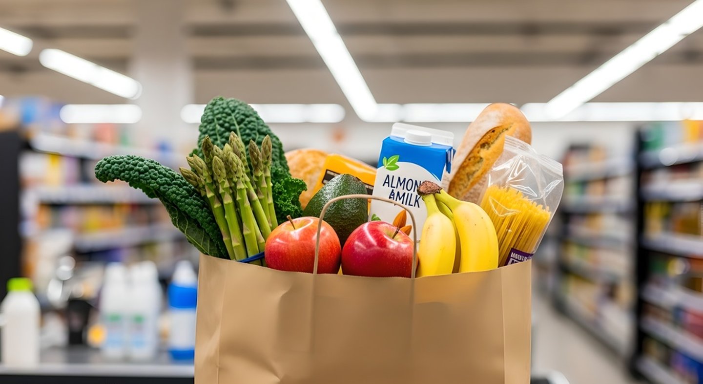 Fresh fruit and veg in grocery bag
