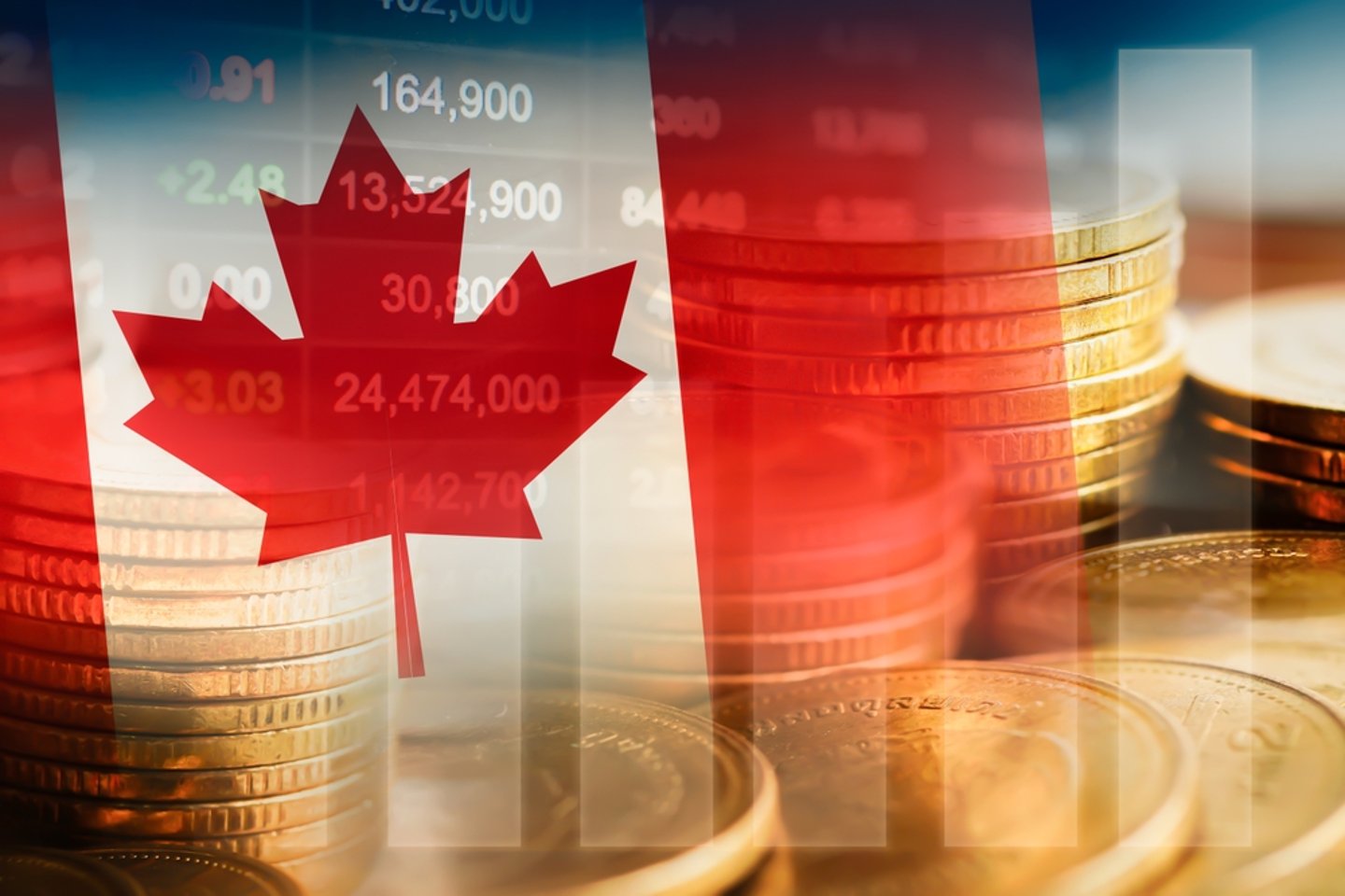 Canadian flag with stock market ticker and loonies