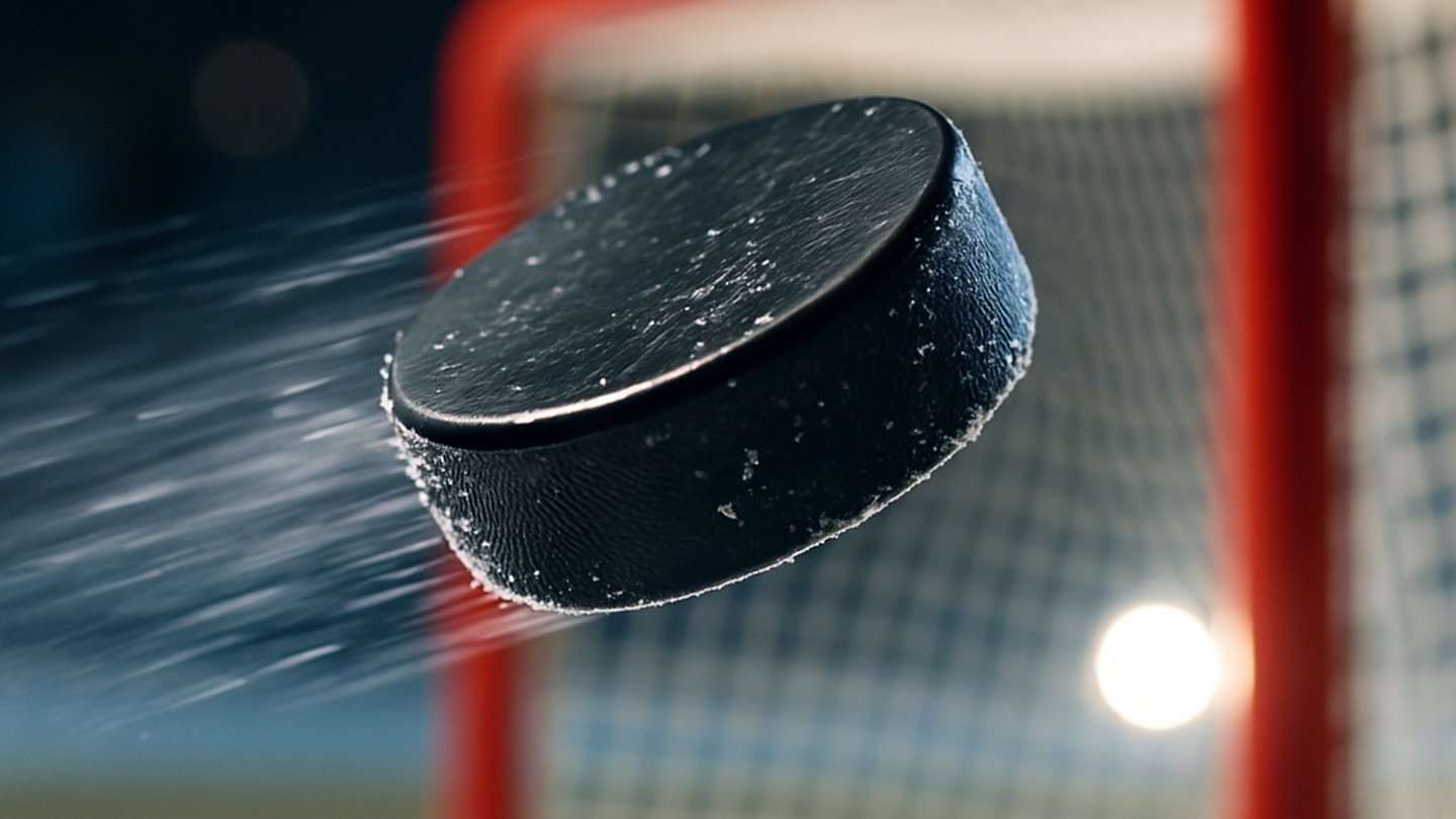 Hockey puck flying towards goal