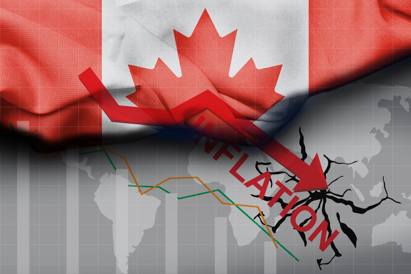 Canadian flag and downward pointing arrow indicating inflation drop