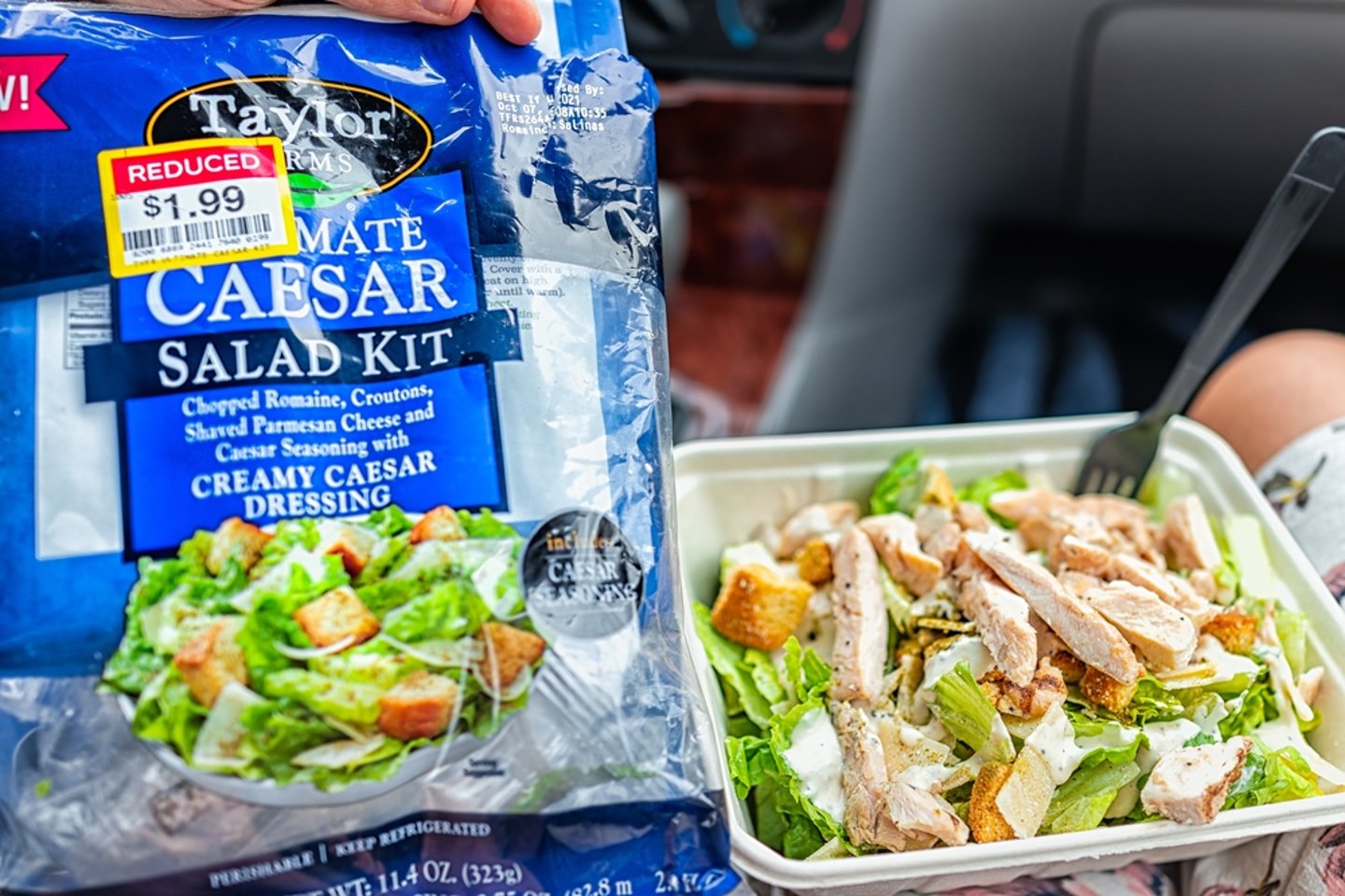 Taylor farms salad kit and a takeout salad