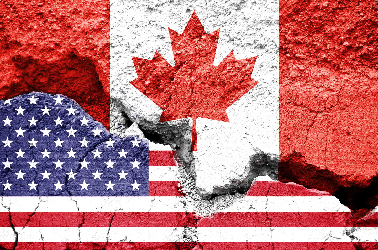 Concrete Canadian and American flags