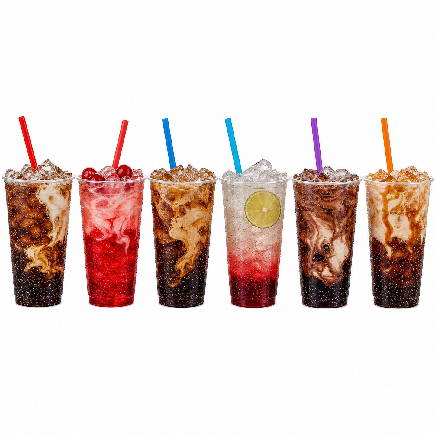 A row of dirty sodas and iced coffees