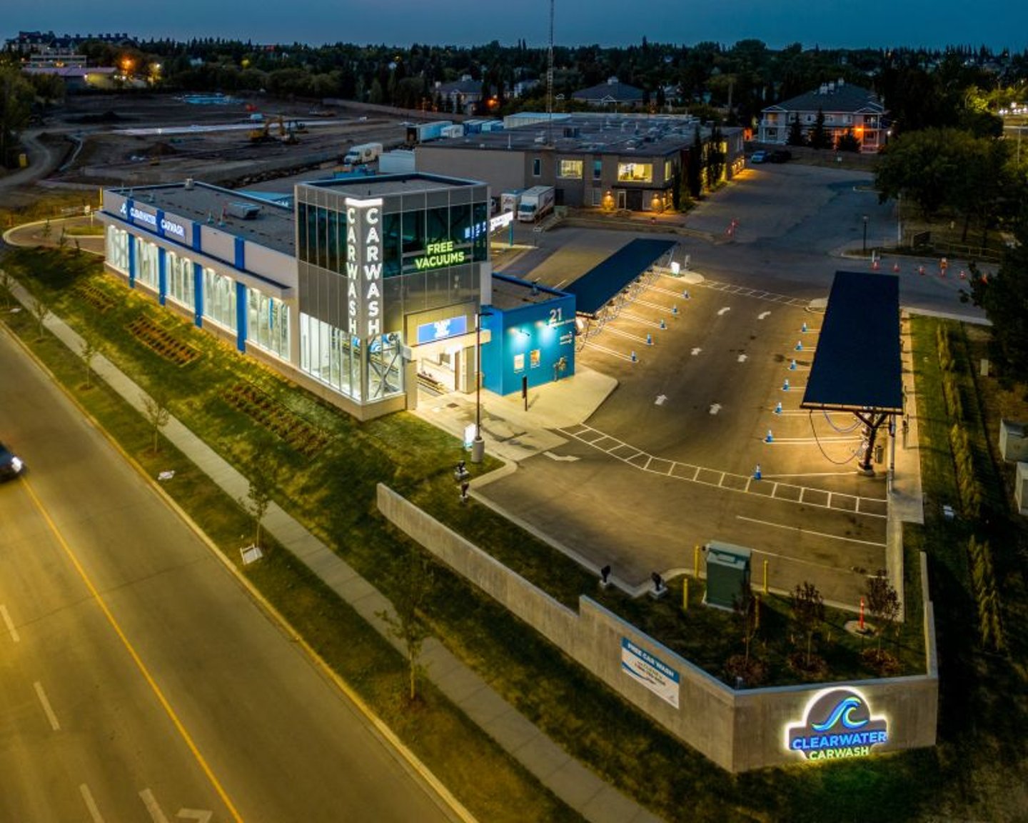 ClearWater Car Wash Night exterior aerial 