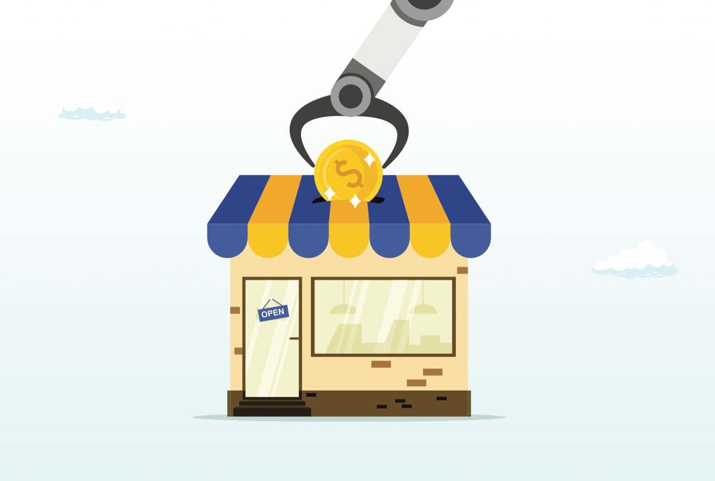 a robot dropping a coin into the roof of a cstore illustrataion