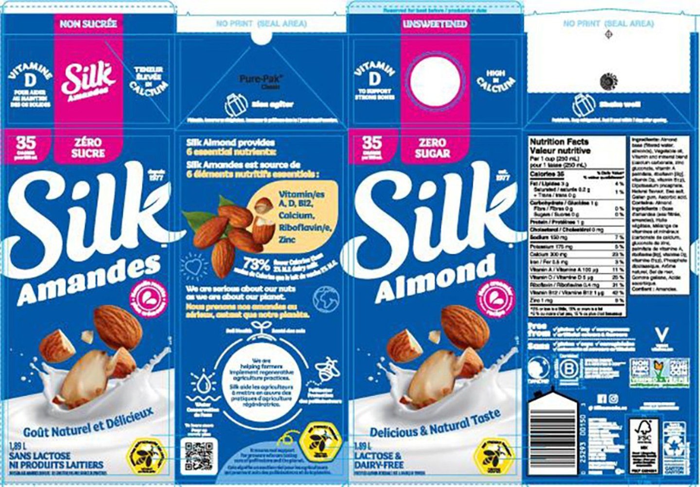 Silk brand almond milk product labels are shown in a government of Canada handout photo. It is one of several plant-based milk products that have been recalled nationally.