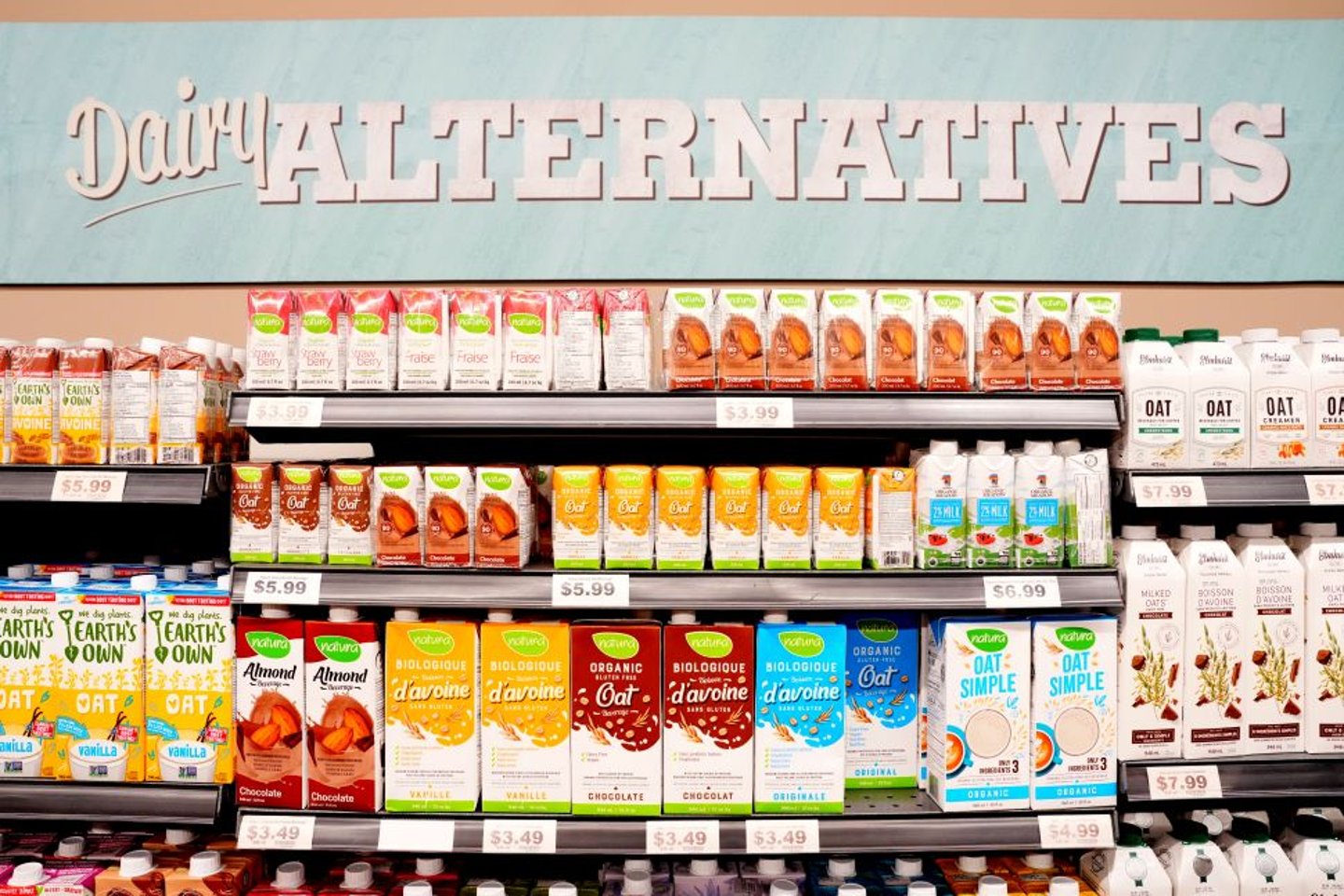 Shelves with plant based drinks