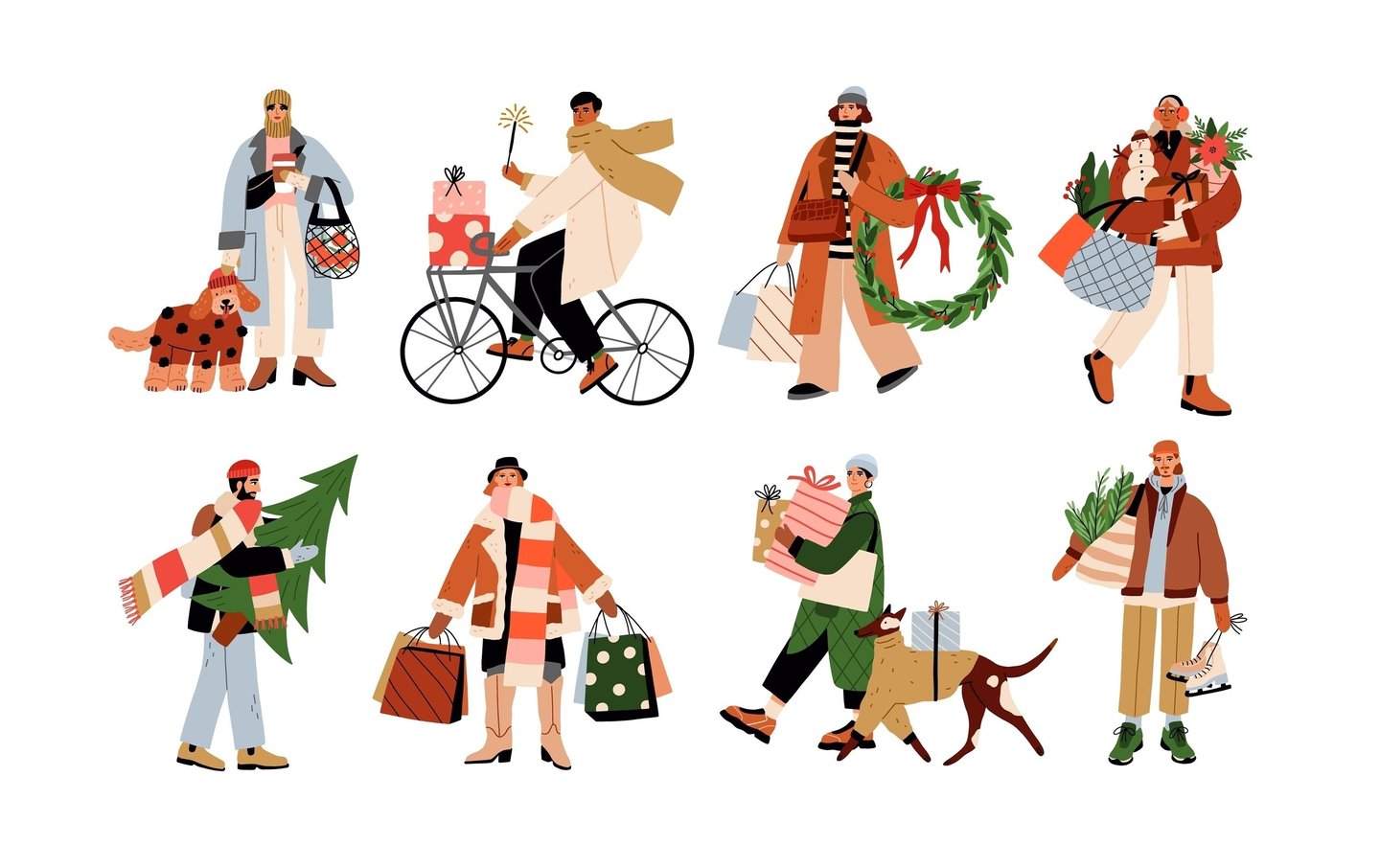 Merry men and women characters walking with gift boxes, Xmas trees, shopping bags on winter holiday. Flat graphic vector illustrations isolated on white background