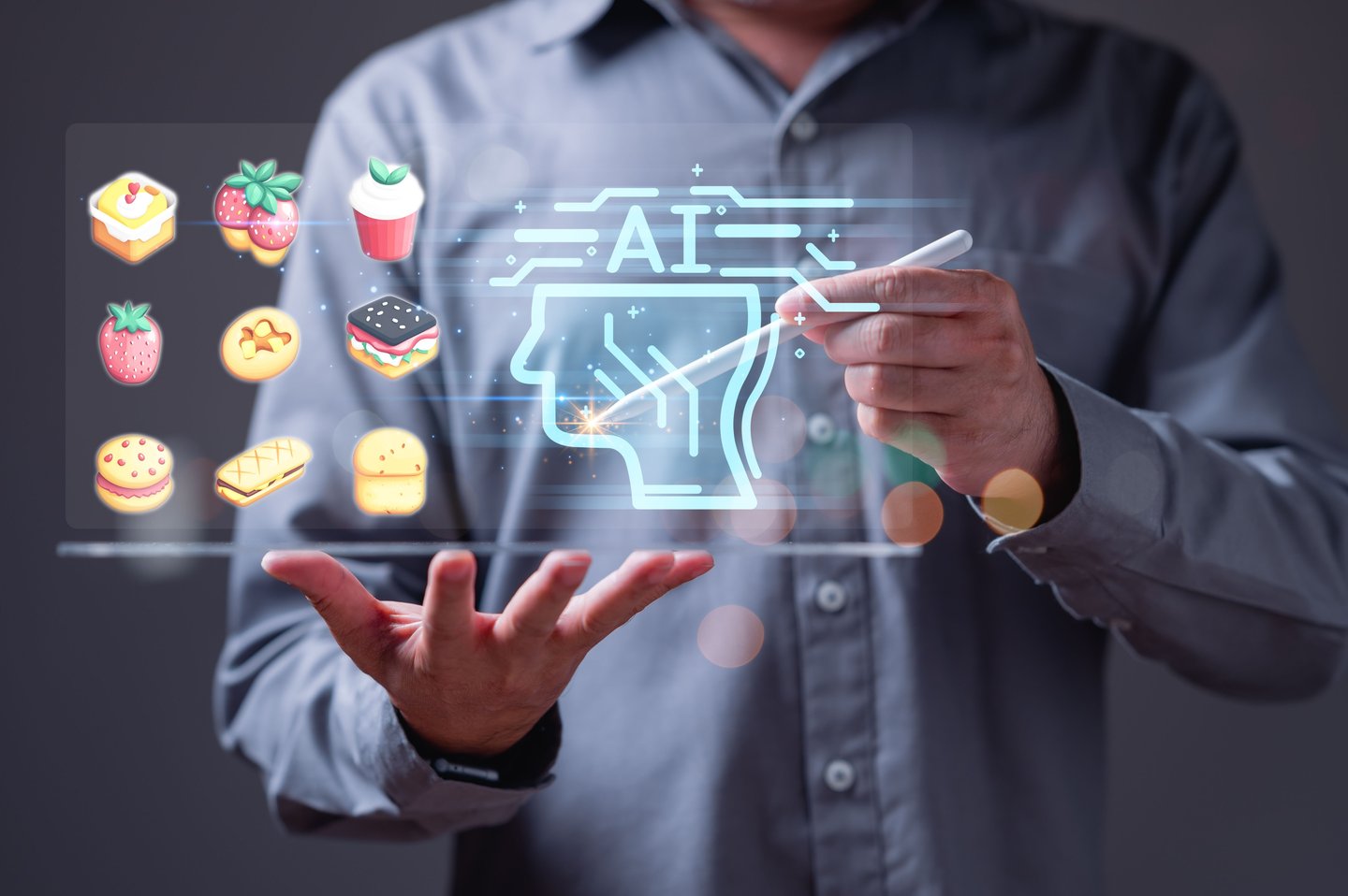 Transactions, Food via an app concept. A man is holding a tablet and menu of food items with introduce as AI. The menu includes items such as sandwiches, cookies, and cakes