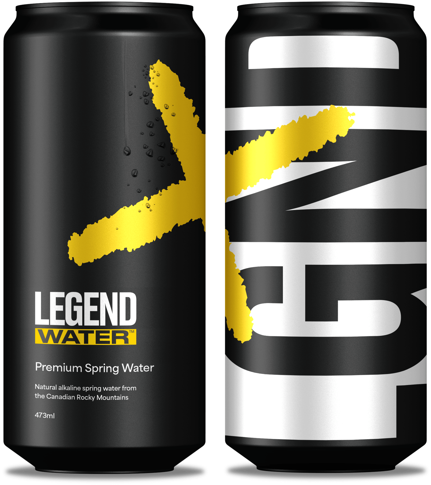 Two cans of Legend water in black and silver