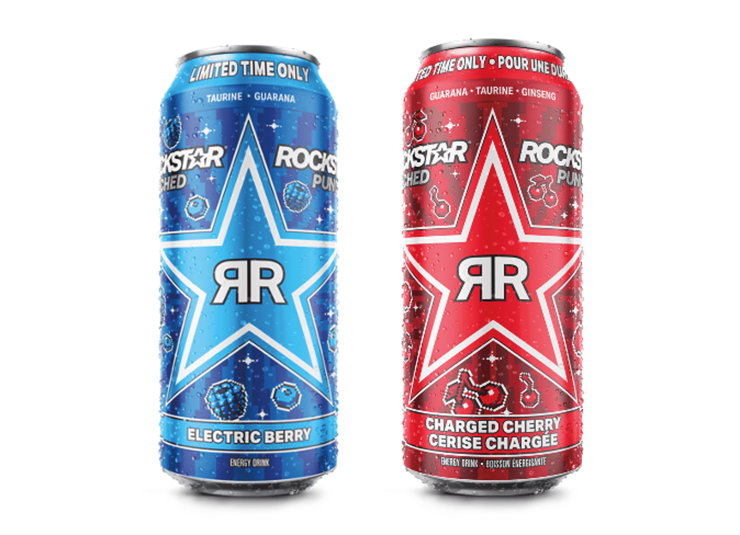 A blue and red can of Rockstar beverages