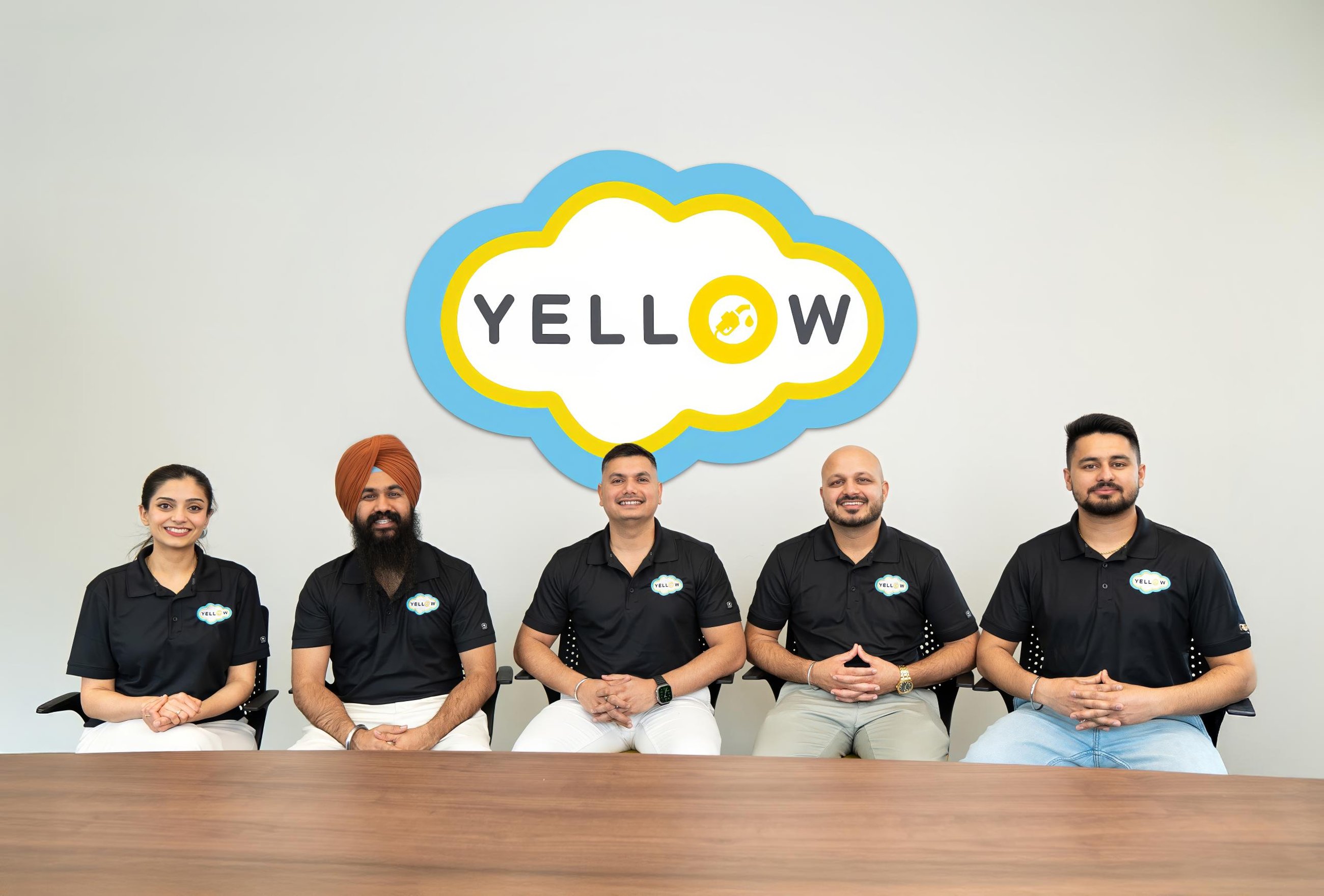 Yellow staff from left to right: Ratanjot Luthra; Navdeep Singh; Vikram Bhown; Tejbir Singh and Karandeep Singh