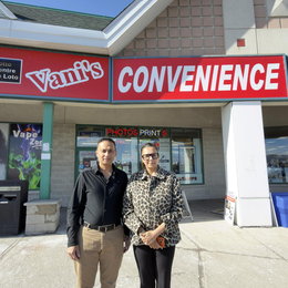 Owners: Vani and Manish Thakker in front of their store, Vani's Convenience