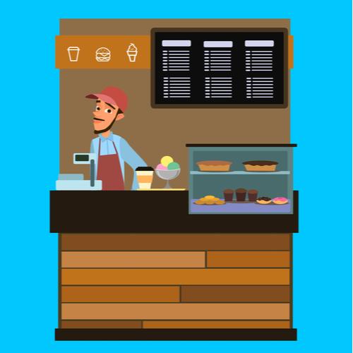 Coffee and confectionery business. Man standing in front of the counter. Takeaway cafe business interior.Vector illustration in cartoon style.