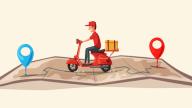 Fast and free delivery by scooter. Vector cartoon illustration. Food service.