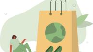 Sustainability image of green with woman resting and shopping bag