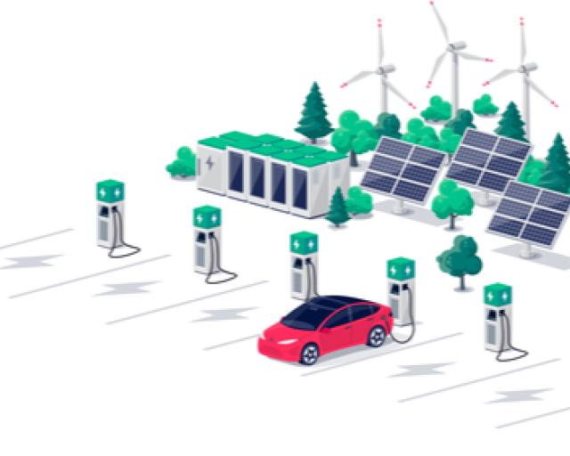 Electric car charging on parking lot with fast supercharger station and many charger stalls. Vehicle on renewable solar panel wind energy battery storage station in network grid.