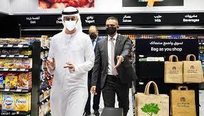 From left: Emirati Minister of State for Artificial Intelligence Omar Sultan al-Olama, Majid Al Futtaim CEO Alain Bejjani and Majid Al Futtaim Retail CEO Hani Weiss leave Carrefour's new cashier-less grocery store in Mall of the Emirates in Dubai, UAE
