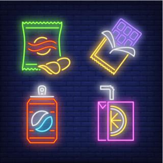 Snacks and drinks for vendor machine neon signs set. Takeaway food, meal, snack design. Night bright neon sign, colorful billboard, light banner. Vector illustration in neon style.