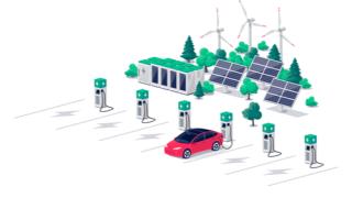 Electric car charging on parking lot with fast supercharger station and many charger stalls. Vehicle on renewable solar panel wind energy battery storage station in network grid.