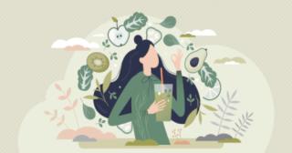 Green smoothie as healthy diet cocktail for slimming tiny person concept. Vegan detox food and drink in glass as organic and vitamin full beverage from straw vector illustration. Raw ingredient blend.
