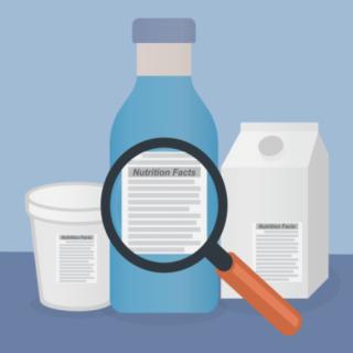 Magnifying glass on a product label with the text nutrition facts, read the label concept