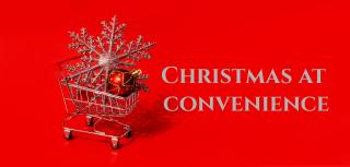 Shopping cart with snowflake and words Christmas and convenience