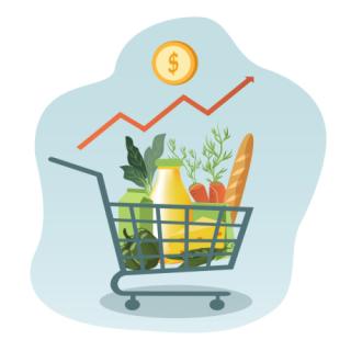 vector illustration on the theme of rising food prices. The rise in prices for products. grocery set, food basket, stack of coins and up arrow. trend illustration in flat style