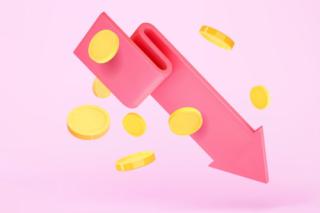 Vector of an arrow pointing downward with gold coins.