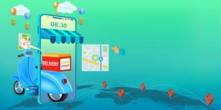 Fast delivery by scooter on mobile. E-commerce online concept. Online food order infographic. Webpage, app design. 3D illustration.
