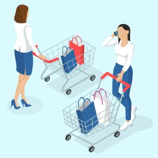 Young women walking with shopping cart. Back view. Isometric 3d flat design vector people different characters, styles and professions, full length diverse acting poses collection.