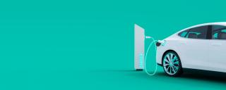 White electric car connected to power station charger on green background 3D Rendering, 3D Illustration