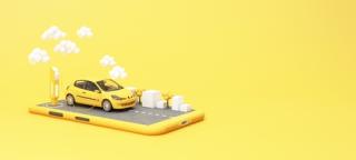 The electric car is refueling through the charger and shows on the phone screen. Indicates charging status on a yellow background 3d rendering