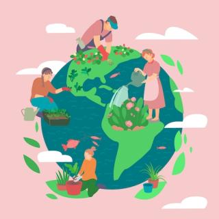 People planting and gardening, saving the planet. Flat characters. Vector illustration. Ecological background. Future environment, agrotourism, agriculture, ecology concept. Colorful graphic design