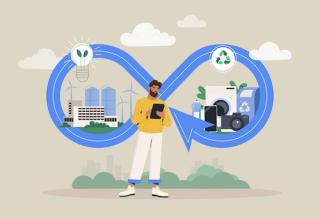Circular economy manufacturing cycle, sustainable strategy. Reuse of energy resources and waste reduction. Alternative sources of electricity. Care of environment. Cartoon flat vector illustration