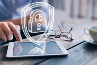 Cyber security on internet concept with 3d padlock and shield, protect personal data and privacy from cyberattack and hacker, secure access on digital tablet computer