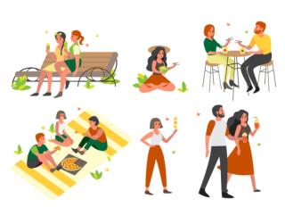 People spend time outdoor and eating street fast food set. Summer time meal. Ice cream and smoothie. Isolated flat vector illustration