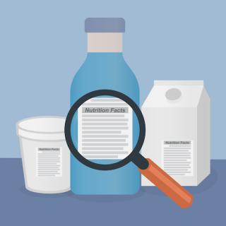 Magnifying glass on a product label with the text nutrition facts, read the label concept