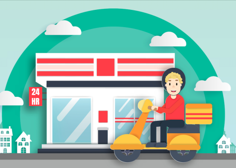 Delivery service at convenience store in paper cut style.