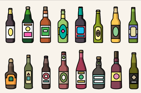 Set of colorful icons of alcoholic drinks' bottles. Vector isolated illustrations in flat style design
