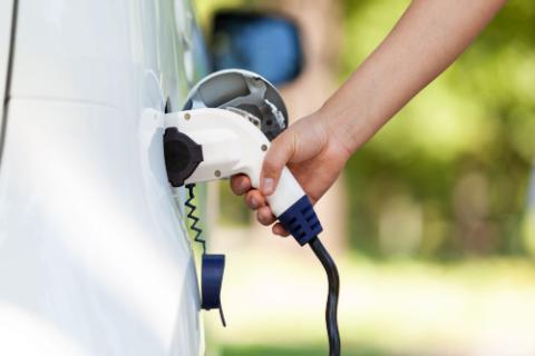 Electric car battery charging at charge station in the nature