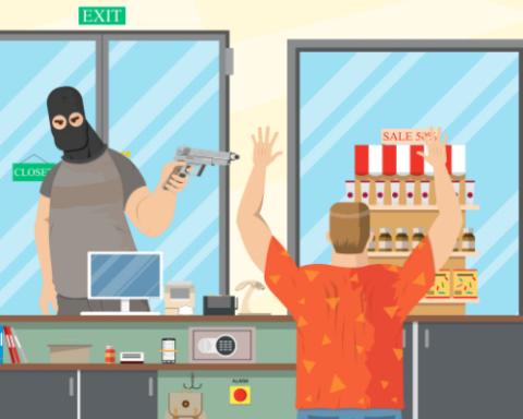 The robber in the mask went to the store to collect money from the cash register and threatened the seller with a gun. Vector illustration