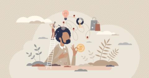 Consumer behavior research to make spend more on purchase tiny person concept. Marketing analysis and shopping strategy monitoring to predict customer action vector illustration. Mind decision process