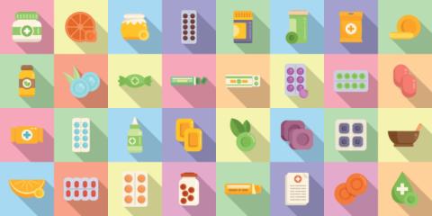 Cough drops icons set flat vector. Pill medicine. Drugs disease