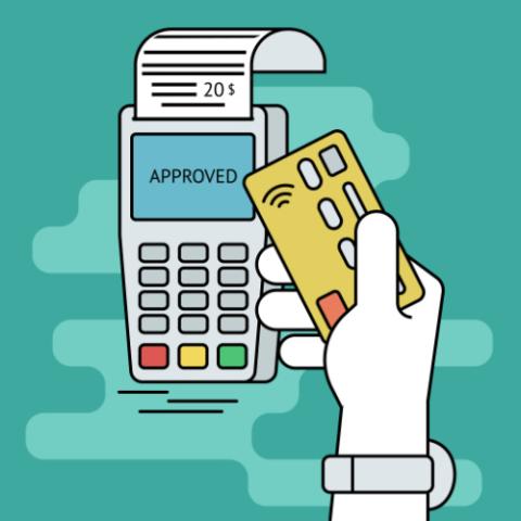 Illustration of wireless mobile payment by credit card. Human line contour hand holds a credit card and taps it to the payment terminal